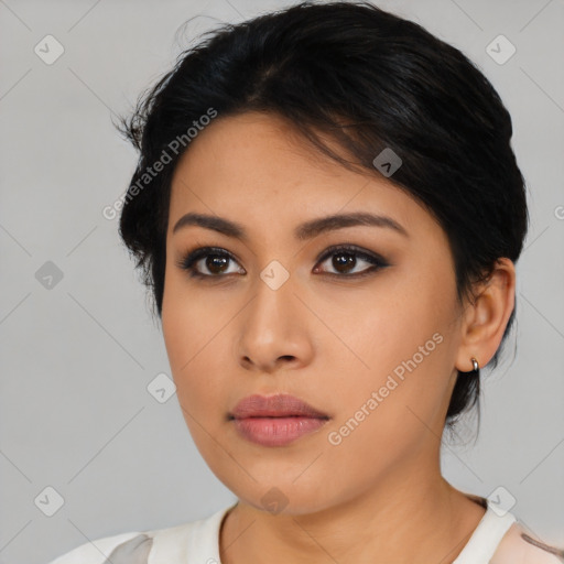 Neutral asian young-adult female with medium  brown hair and brown eyes
