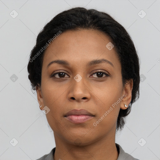 Neutral black young-adult female with short  black hair and brown eyes