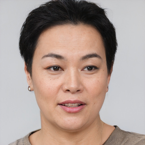 Joyful asian young-adult female with short  brown hair and brown eyes