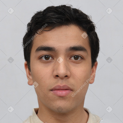 Neutral white young-adult male with short  black hair and brown eyes