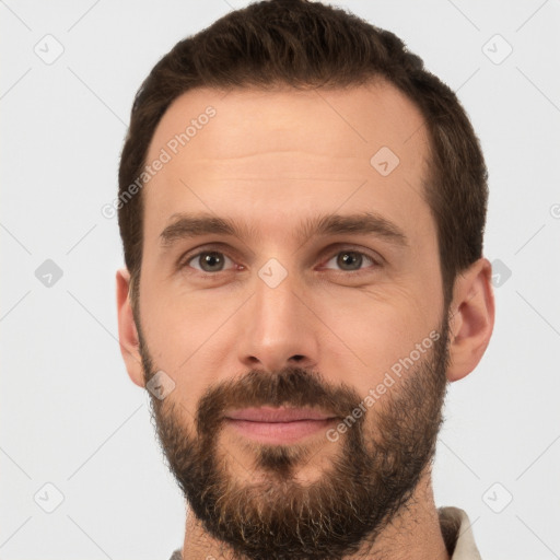 Neutral white young-adult male with short  brown hair and brown eyes