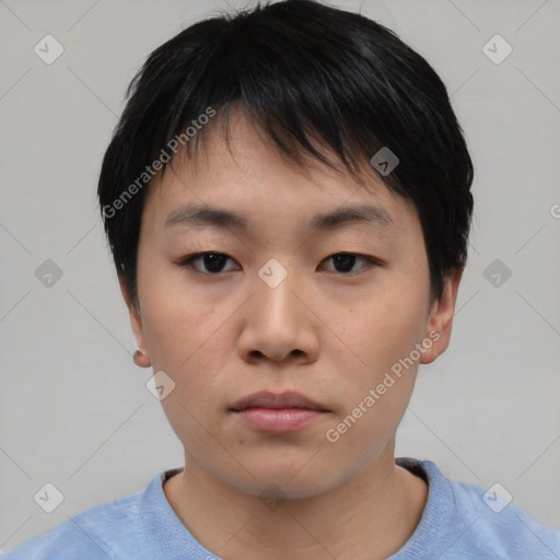 Neutral asian young-adult male with short  black hair and brown eyes