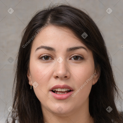 Joyful white young-adult female with long  brown hair and brown eyes