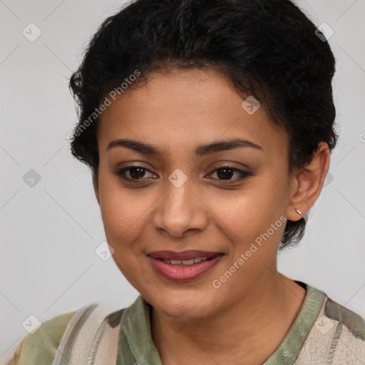 Joyful latino young-adult female with short  brown hair and brown eyes