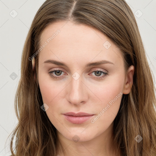 Neutral white young-adult female with long  brown hair and grey eyes