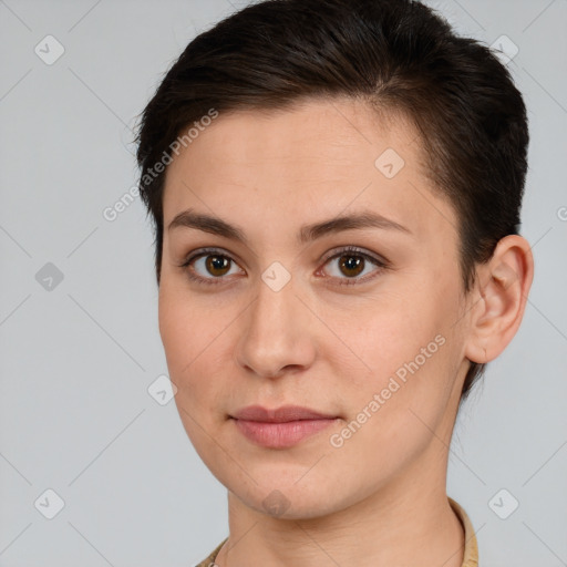 Joyful white young-adult female with short  brown hair and brown eyes