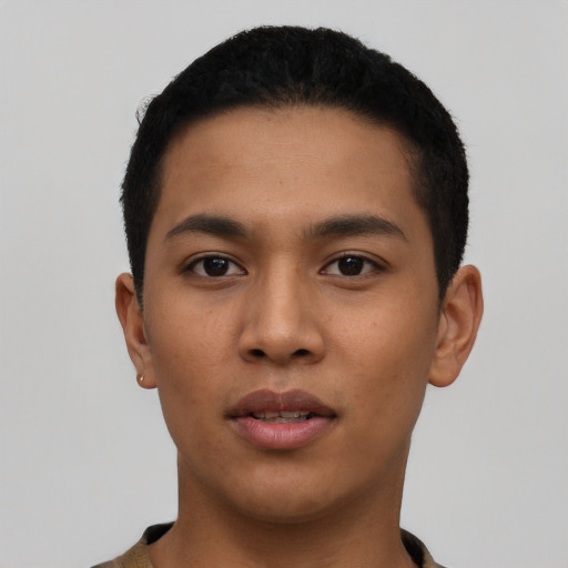 Neutral asian young-adult male with short  black hair and brown eyes