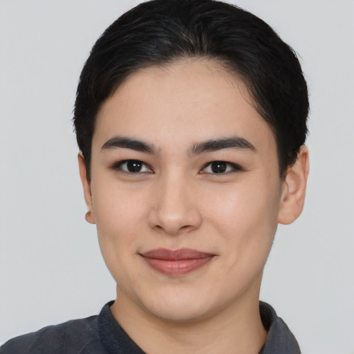 Joyful asian young-adult female with short  black hair and brown eyes