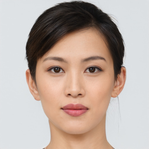 Neutral asian young-adult female with short  brown hair and brown eyes