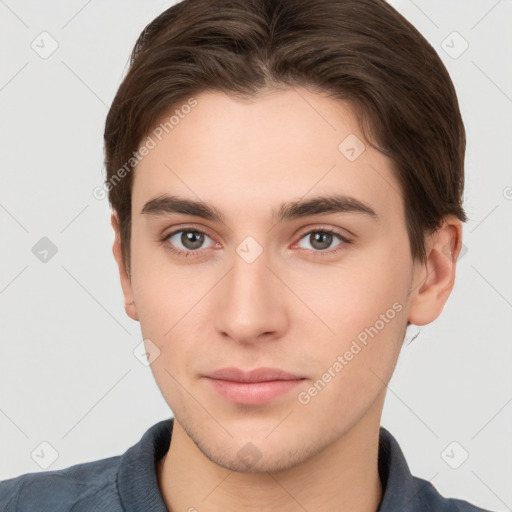 Neutral white young-adult male with short  brown hair and brown eyes