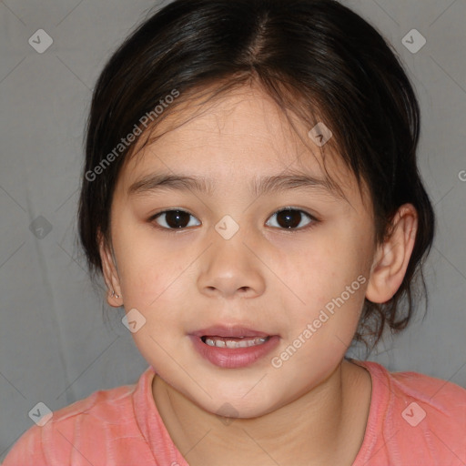 Joyful white child female with medium  brown hair and brown eyes