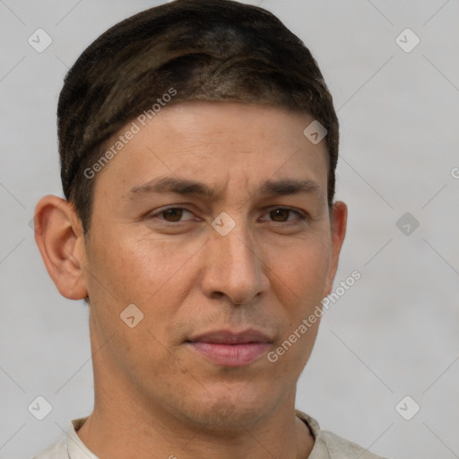 Neutral white adult male with short  brown hair and brown eyes