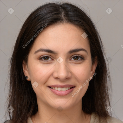 Joyful white young-adult female with medium  brown hair and brown eyes