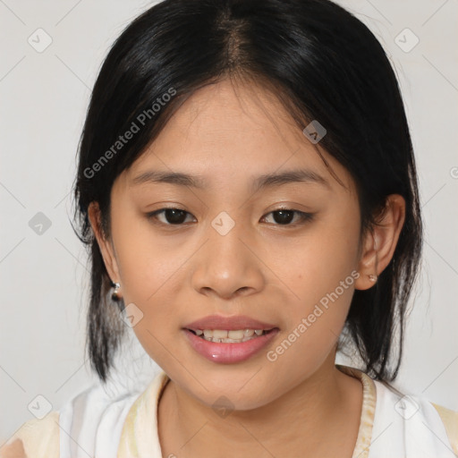 Joyful white young-adult female with medium  black hair and brown eyes