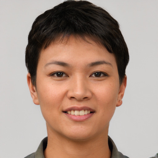 Joyful asian young-adult female with short  brown hair and brown eyes