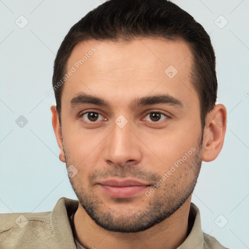 Neutral white young-adult male with short  brown hair and brown eyes