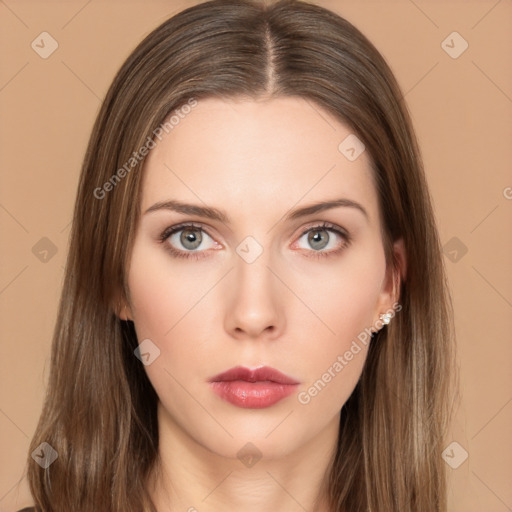 Neutral white young-adult female with long  brown hair and brown eyes