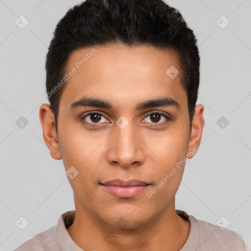 Neutral latino young-adult male with short  brown hair and brown eyes