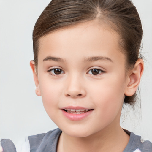 Joyful white child female with medium  brown hair and brown eyes