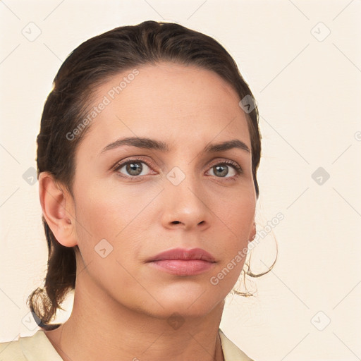 Neutral white young-adult female with medium  brown hair and brown eyes