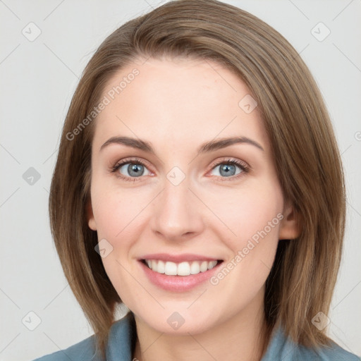 Joyful white young-adult female with medium  brown hair and blue eyes