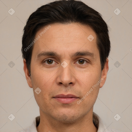 Neutral white adult male with short  brown hair and brown eyes