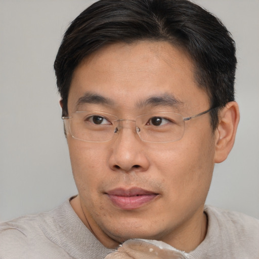 Joyful asian adult male with short  brown hair and brown eyes