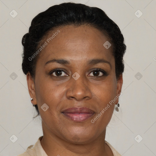 Joyful black adult female with short  brown hair and brown eyes