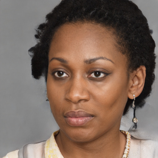 Neutral black adult female with short  black hair and brown eyes
