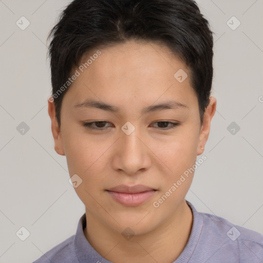 Joyful asian young-adult female with short  brown hair and brown eyes