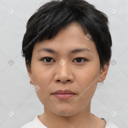 Neutral asian young-adult female with short  brown hair and brown eyes