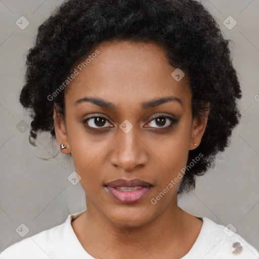 Neutral black young-adult female with short  black hair and brown eyes