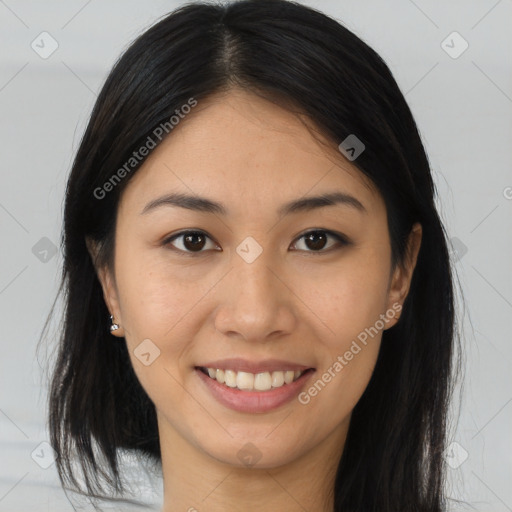 Joyful white young-adult female with medium  brown hair and brown eyes