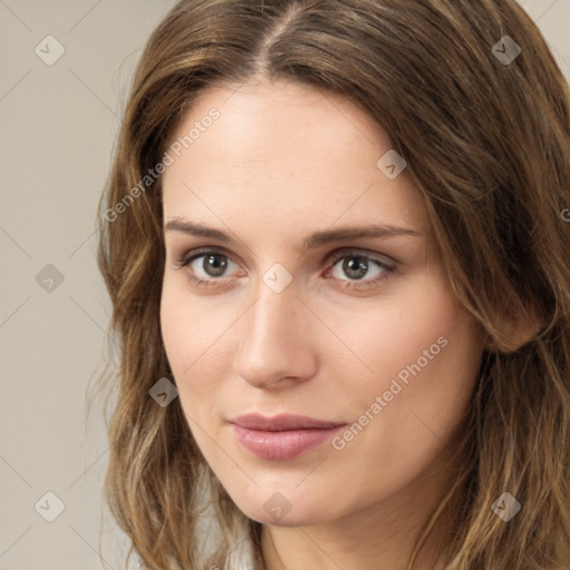 Neutral white young-adult female with long  brown hair and brown eyes