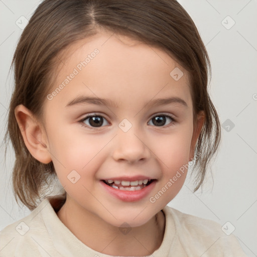 Joyful white child female with medium  brown hair and brown eyes