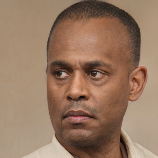 Neutral black adult male with short  black hair and brown eyes