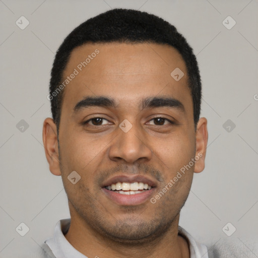 Joyful latino young-adult male with short  black hair and brown eyes