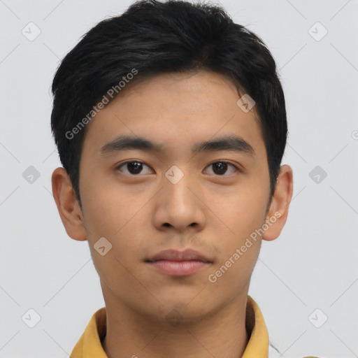 Neutral asian young-adult male with short  brown hair and brown eyes