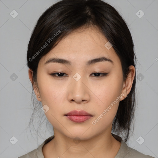 Neutral asian young-adult female with medium  brown hair and brown eyes