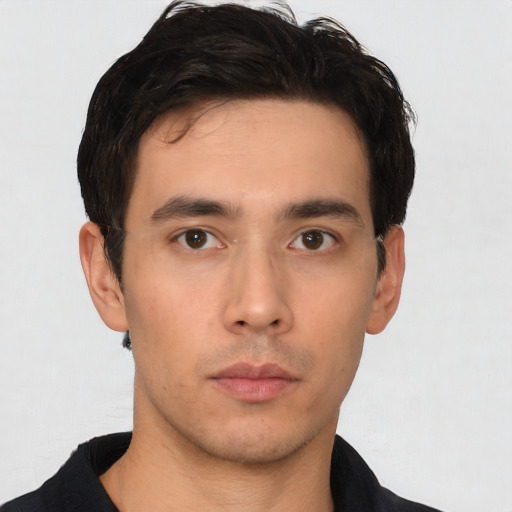 Neutral asian young-adult male with short  brown hair and brown eyes