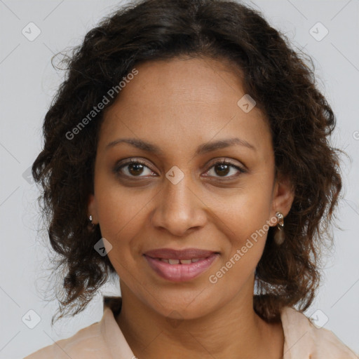 Joyful black young-adult female with medium  brown hair and brown eyes