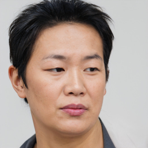 Neutral asian adult female with short  brown hair and brown eyes