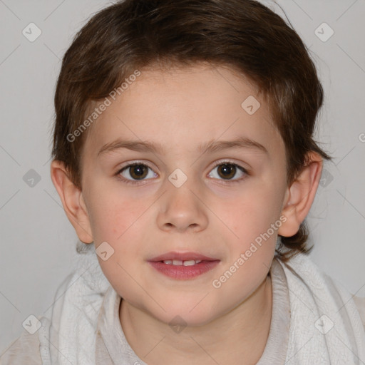 Joyful white child female with short  brown hair and brown eyes