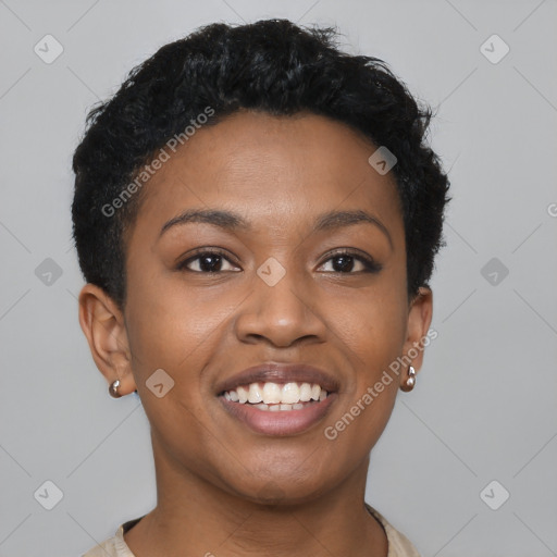 Joyful black young-adult female with short  black hair and brown eyes