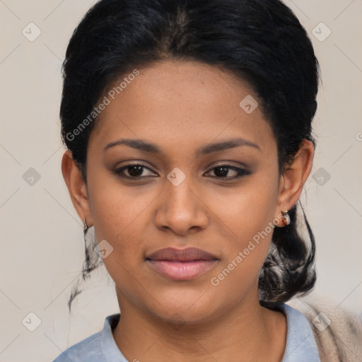 Joyful latino young-adult female with short  black hair and brown eyes