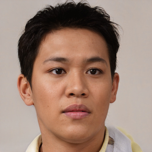 Neutral asian young-adult male with short  brown hair and brown eyes