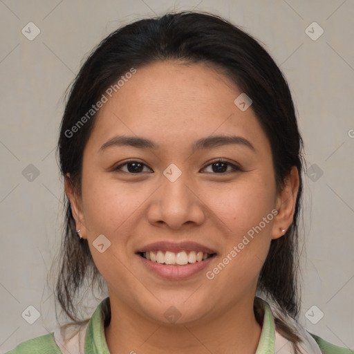 Joyful asian young-adult female with medium  brown hair and brown eyes