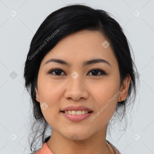 Joyful asian young-adult female with medium  black hair and brown eyes