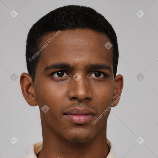 Neutral latino young-adult male with short  black hair and brown eyes