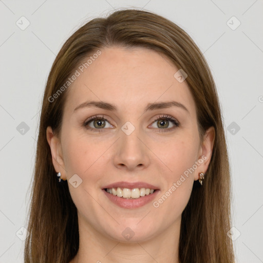 Joyful white young-adult female with long  brown hair and grey eyes